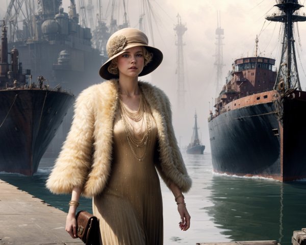 Glamorous Woman in Vintage Fashion at Historic Dock