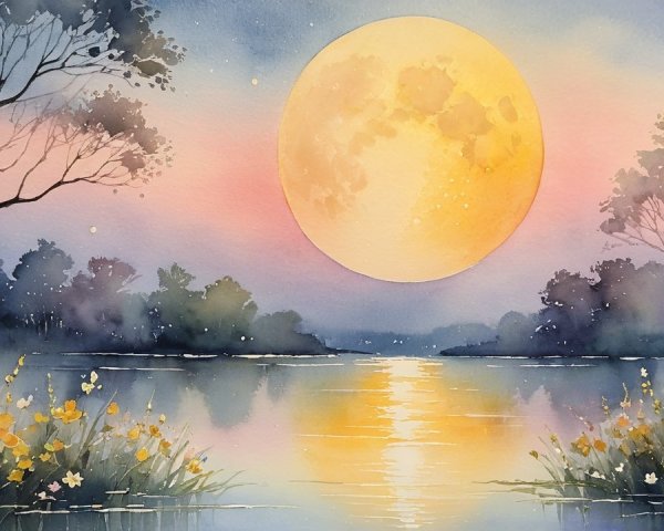 Serene Landscape with Moonlit Lake and Wildflowers