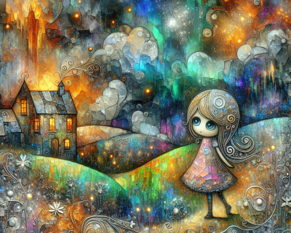 Whimsical Landscape with Vibrant Colors and Dreamlike Elements