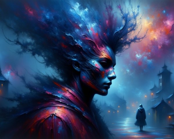 Surreal Landscape with Majestic Figure and Twilight Sky