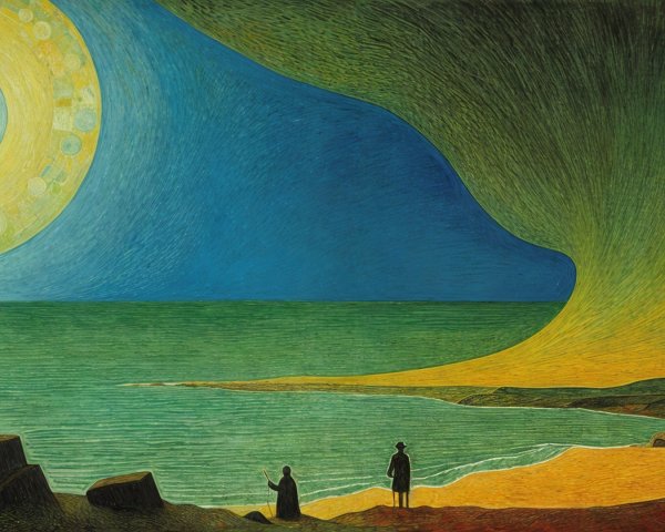 Surreal Landscape with Bright Sun and Serene Sea