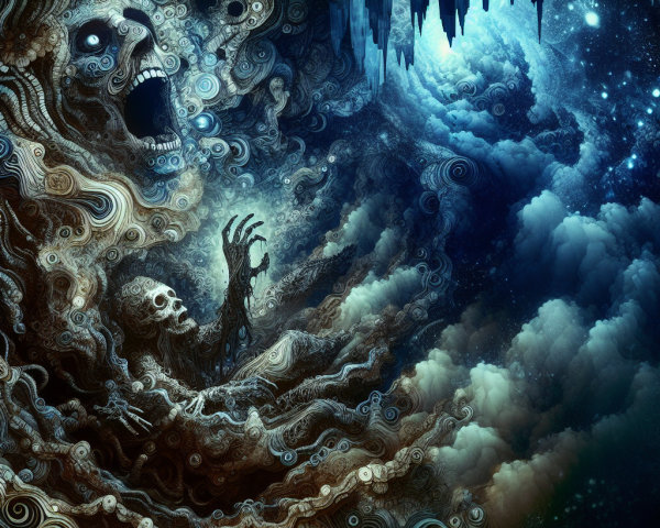 Surreal Landscape with Dark Clouds and Ethereal Structures