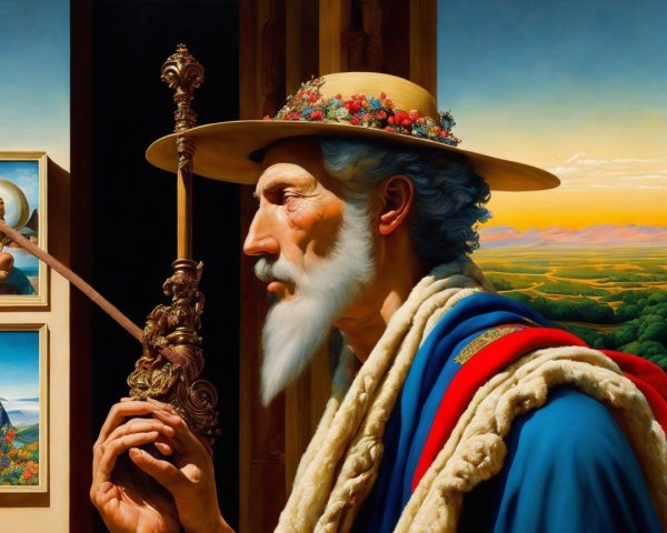 Elderly Man in Blue Robe with Staff in Scenic Landscape