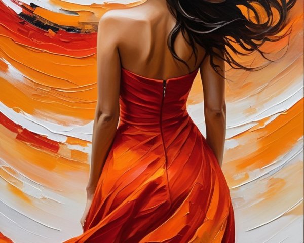 Woman in Red Dress Against Abstract Background