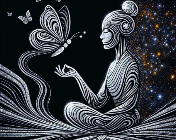 Serene Figure with Butterfly and Cosmic Background