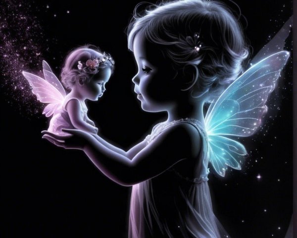 Young girl with butterfly wings and glowing fairy