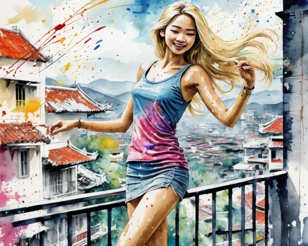 Young Woman on Balcony with Colorful Scenic Background