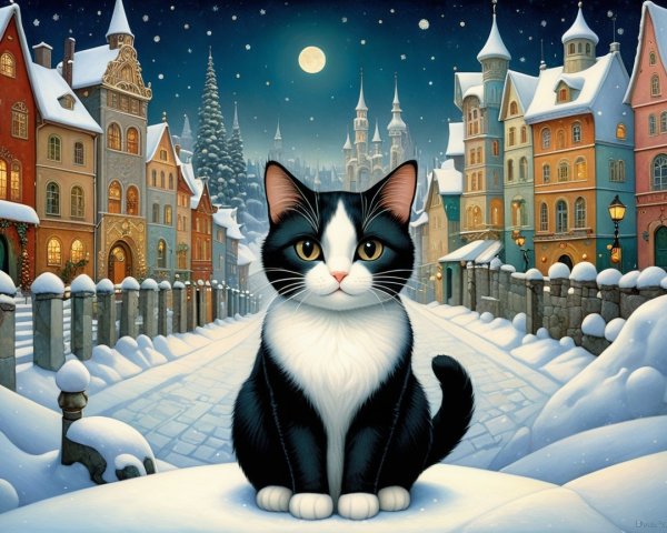 Black and white cat in a winter village scene
