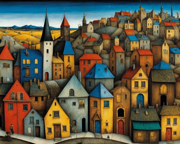 Vibrant Village Scene with Colorful Houses and Hills