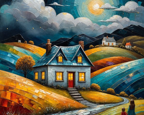 Vibrant Landscape with Cozy House and Starry Sky
