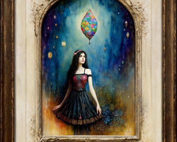 Young Woman in Elegant Dress with Dreamlike Background