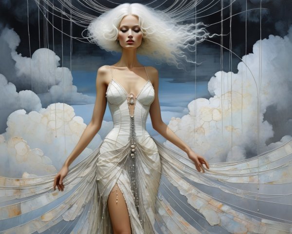Ethereal Figure in White Dress Against Cloudy Sky