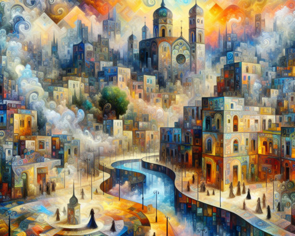 Surreal Cityscape with Colorful Buildings and River