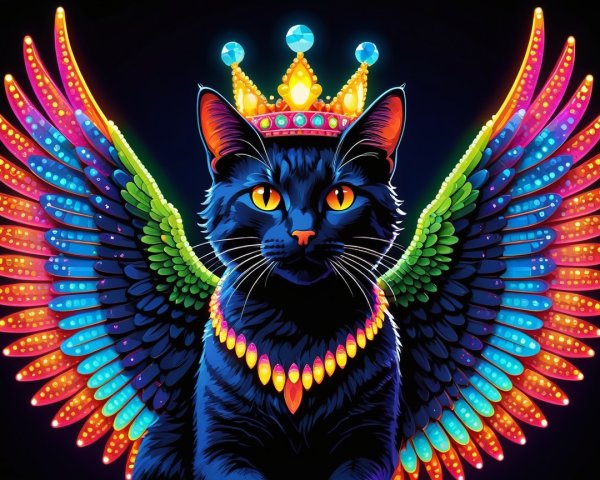 Black Cat with Crown and Rainbow Wings on Dark Background