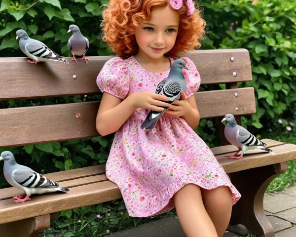 Girl with Reddish-Orange Hair Surrounded by Pigeons