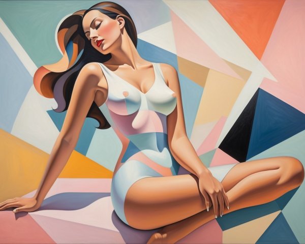 Modern Painting of Woman in White Bodysuit and Geometric Background