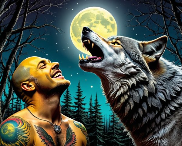 Tattooed Man and Wolf Under Glowing Full Moon