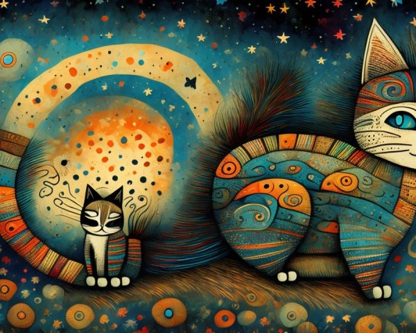 Whimsical Cats in Cosmic Starry Backdrop
