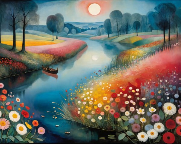 Tranquil River Landscape with Colorful Flower Fields