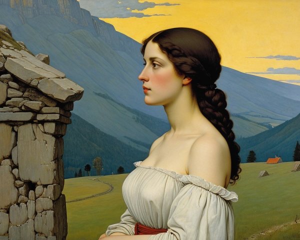 Medieval Woman in Landscape with Stone House and Mountains
