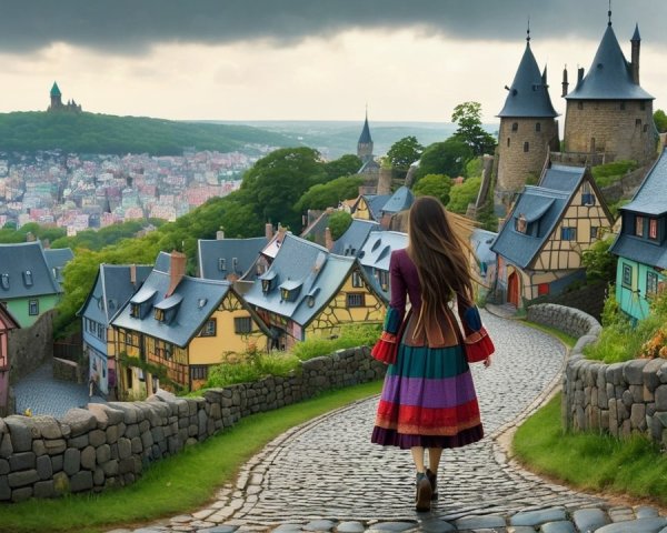 Colorful Dress in Picturesque Village with Castles
