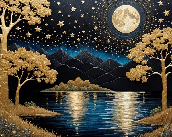 Serene Landscape with Lake, Moon, and Mountains