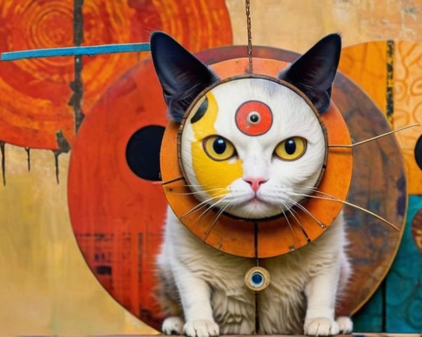 Whimsical Cat with Colorful Face and Abstract Background