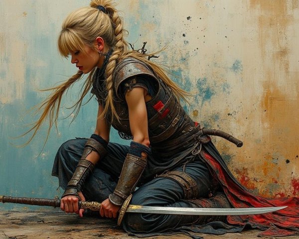 Fierce warrior in detailed armor with a sword