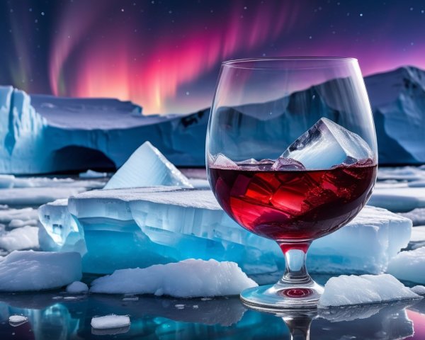 Red Liquid on Ice with Northern Lights Background