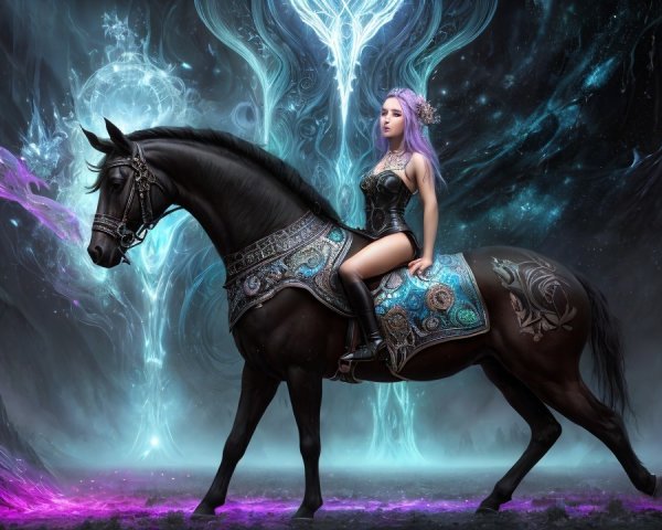 Black Horse and Woman in a Fantastical Realm