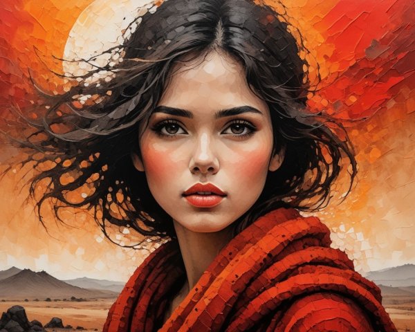 Portrait of a Woman with Flowing Hair at Sunset