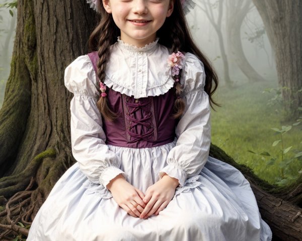 Young girl in vintage dress in misty forest setting