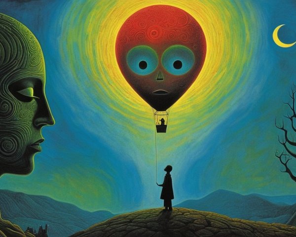 Surreal Painting of Green Head and Hot Air Balloon
