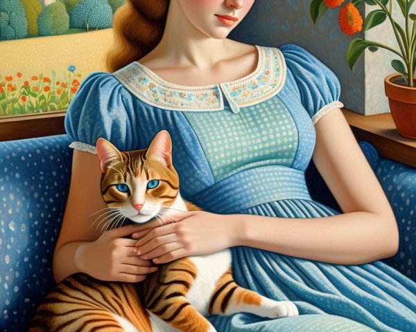 Young Woman in Vintage Dress with Cat by Window