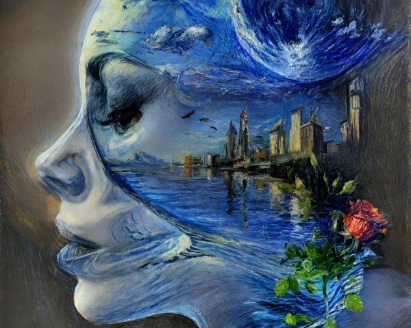 Surreal Woman's Profile with City Skyline and Moon