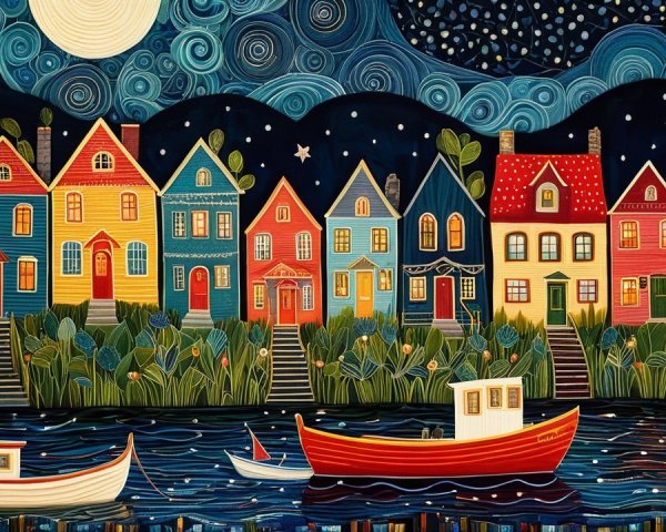 Charming Night Scene of Colorful Houses by Water