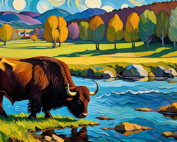 Vibrant Autumn Landscape with Bison and Stream
