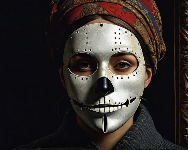 Silver Skull Mask with Intricate Details and Headscarf
