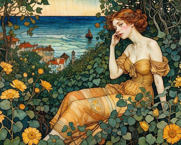 Young Woman in Golden Gown Amidst Coastal Serenity