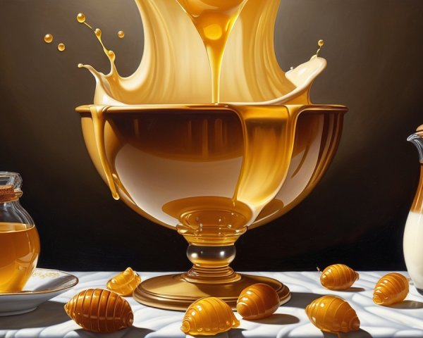 Golden Bowl of Honey with Honeycomb and Cream Pitcher