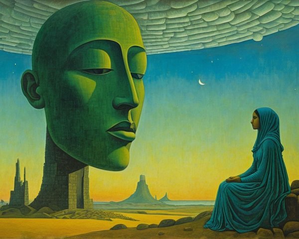 Surreal landscape with colossal green head and woman