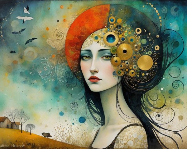Serene Female Figure with Vibrant Headpiece and Landscape