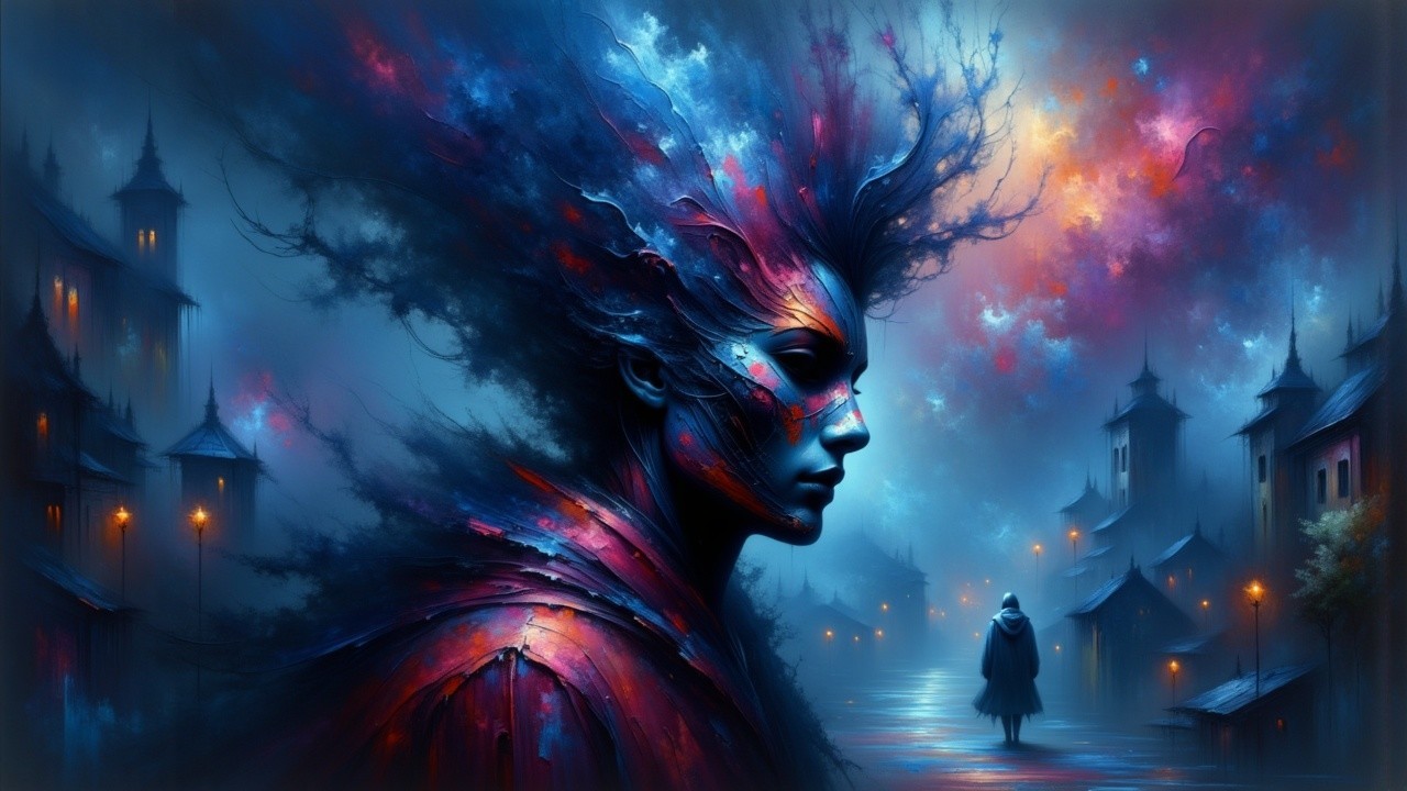 Surreal Landscape with Majestic Figure and Twilight Sky