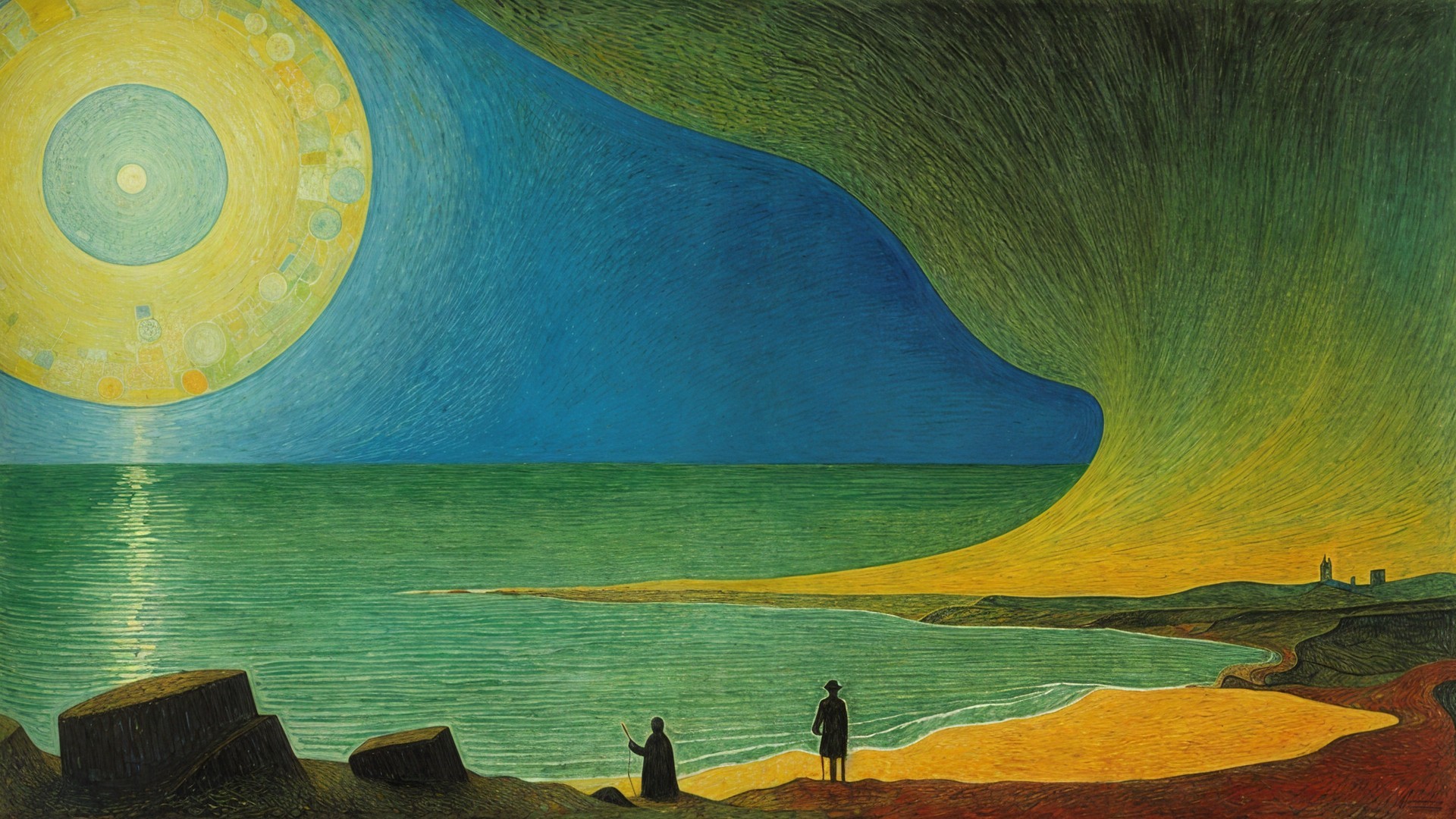 Surreal Landscape with Bright Sun and Serene Sea