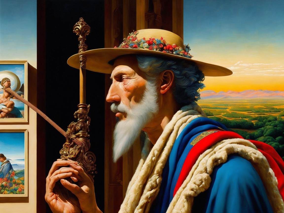Elderly Man in Blue Robe with Staff in Scenic Landscape