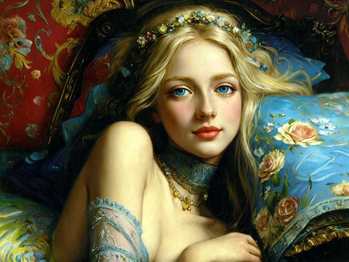 Young Woman with Floral Crown and Elegant Attire