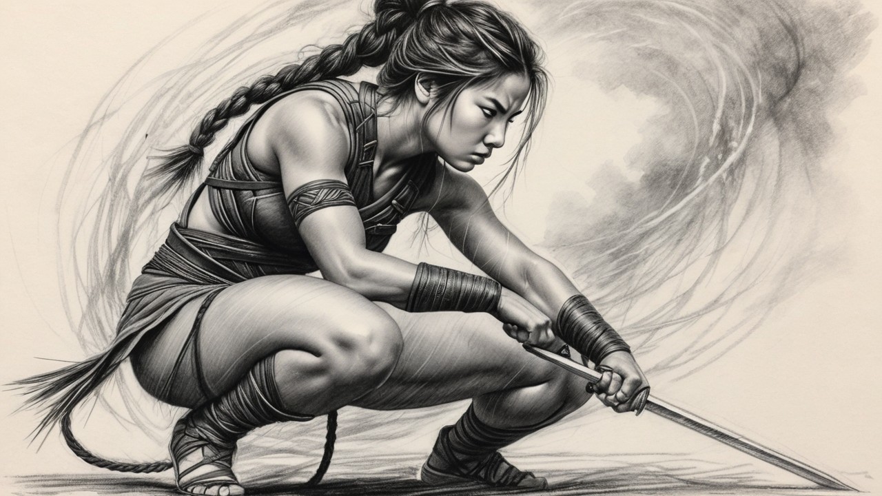Fierce Warrior Woman in Detailed Armor and Crouching Pose