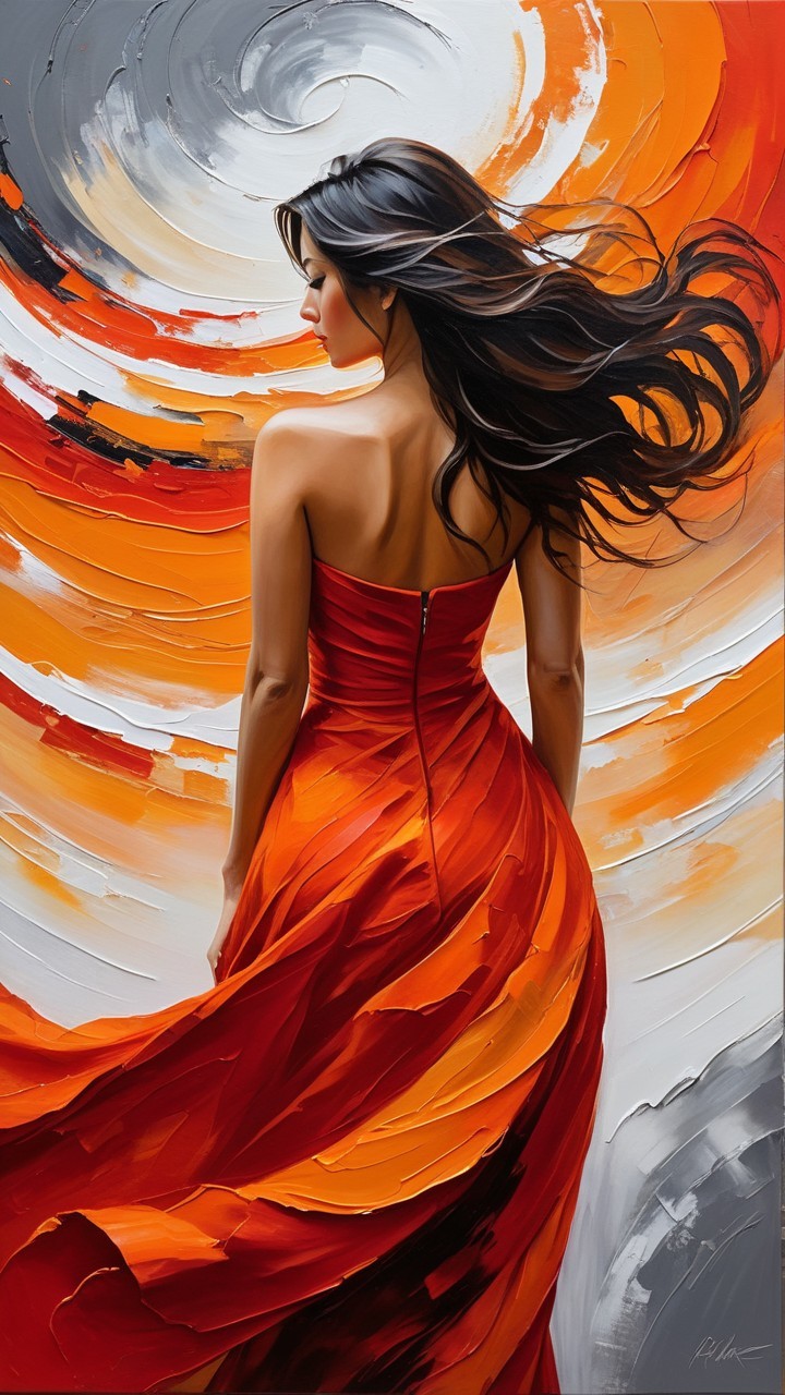 Woman in Red Dress Against Abstract Background