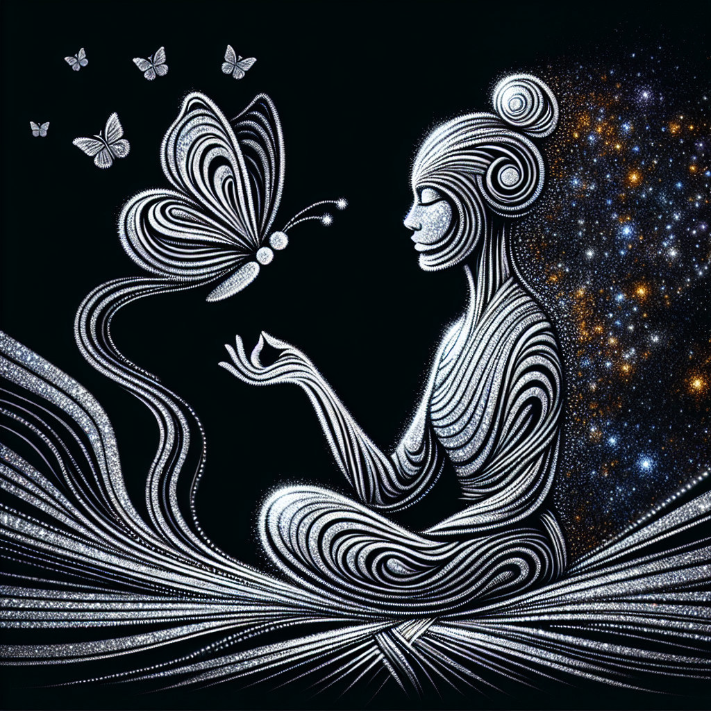 Serene Figure with Butterfly and Cosmic Background