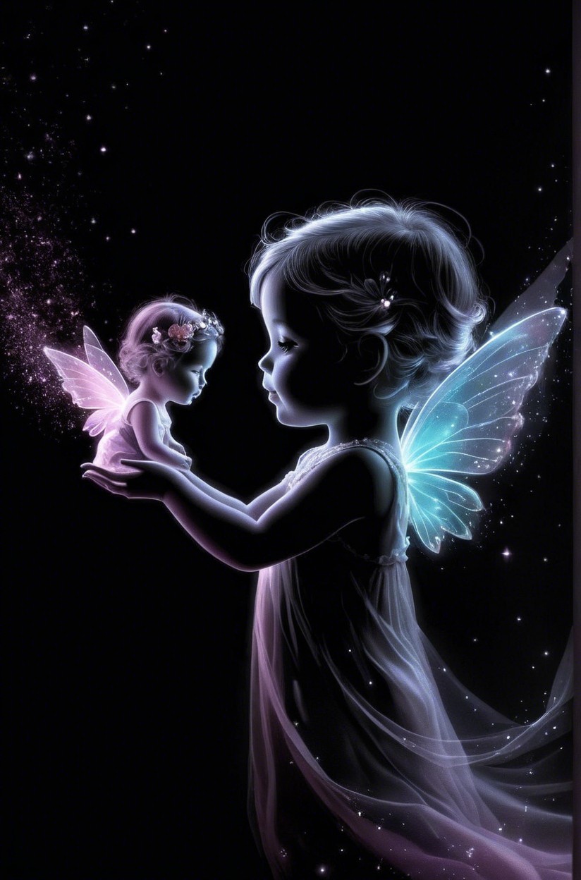 Young girl with butterfly wings and glowing fairy